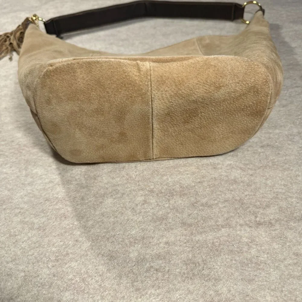 Vtg y2k Taupe Suede Shoulder Bag Tassel Hobo Slouchy Handbag Purse Boho Western